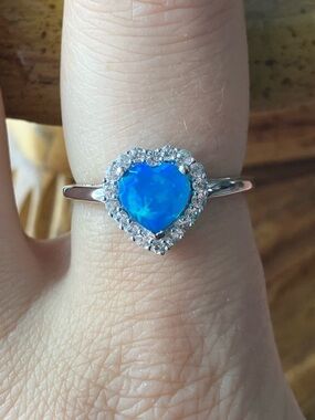 Blue Ethiopian Opal Sterling Silver Heart Ring Size 7.75